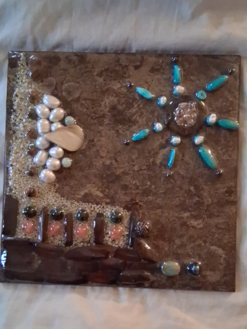 Handmade Brown Mosaic Wall Panel with Turquoise Accents